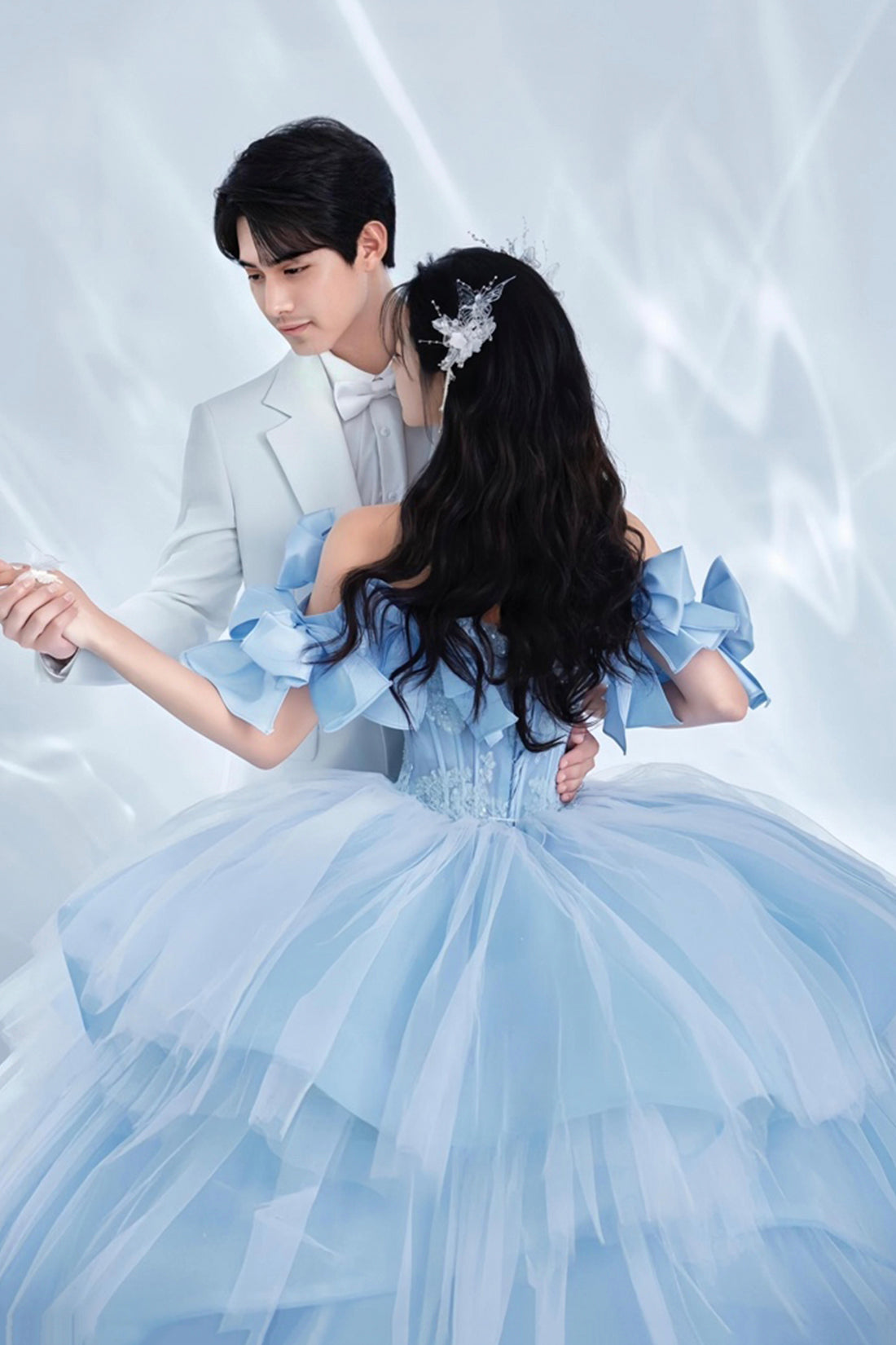 Gorgeous Blue Tulle Long Ball Gown with Bow, Off the Shoulder Lace Formal Dress