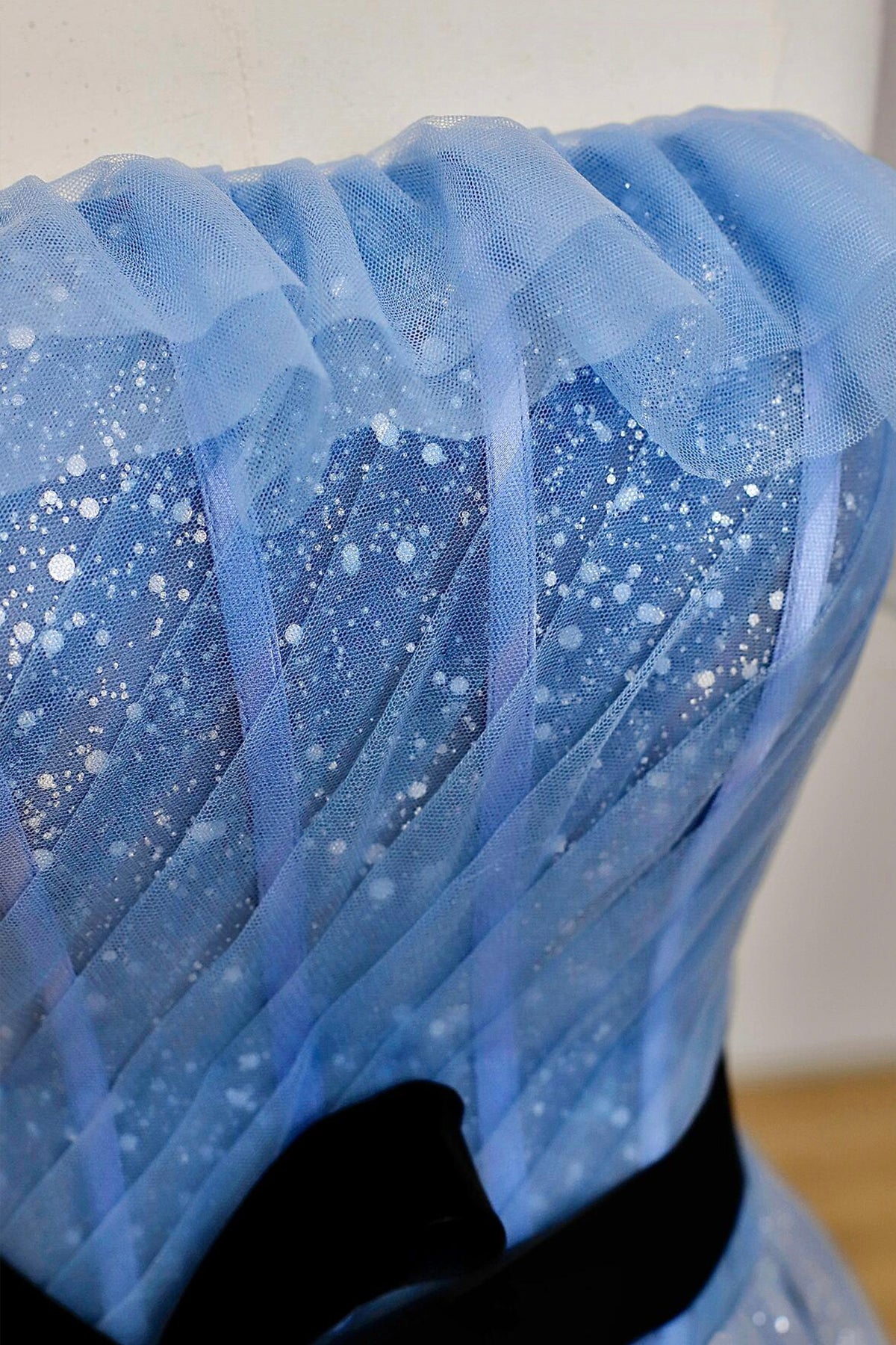 Blue Tulle A-Line Strapless Long Prom Dress, Beautiful Evening Party Dress