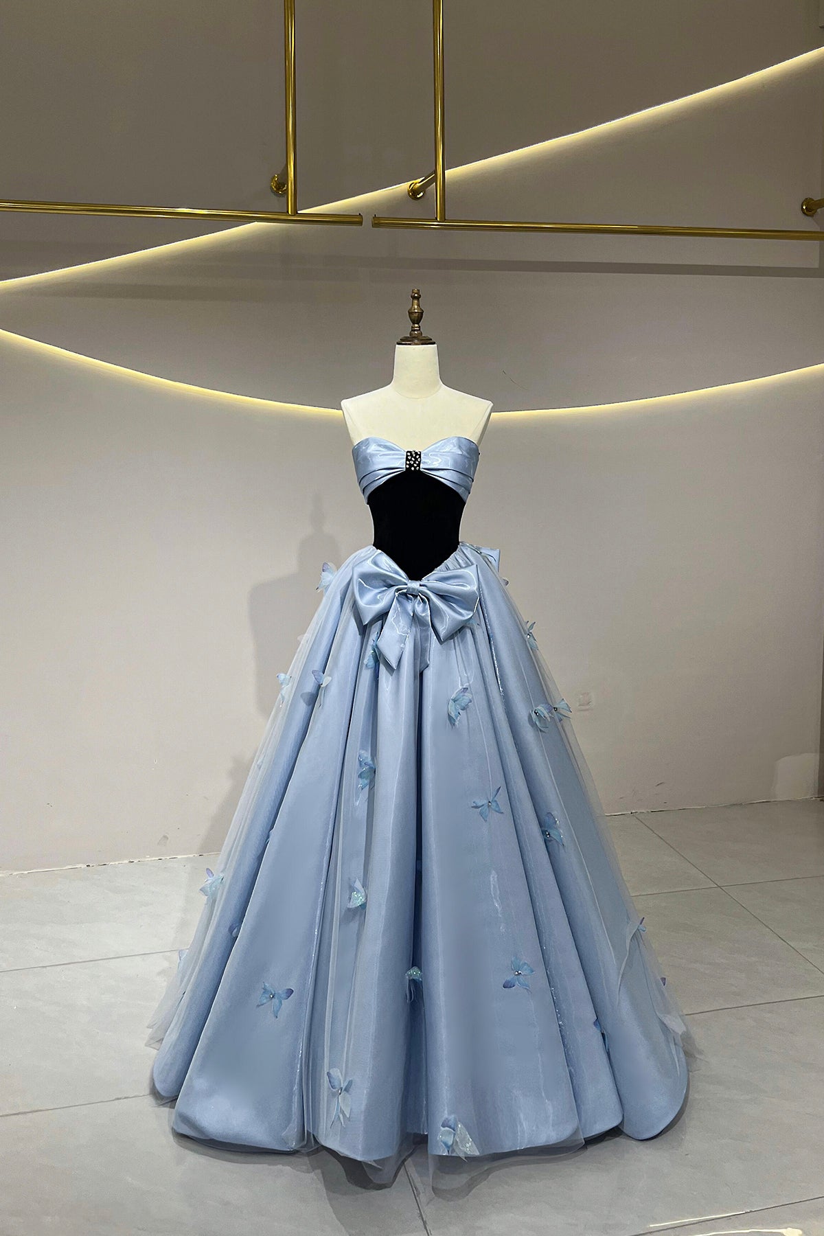 Black Velvet and Blue Satin Long Prom Dress, A-Line Strapless Party Dress