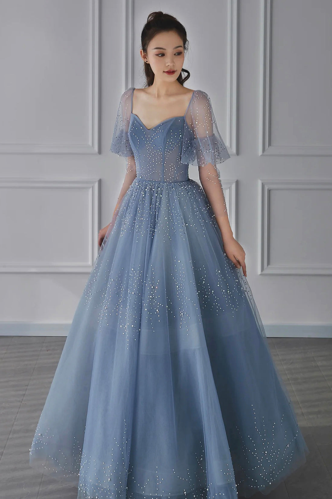 Blue Tulle Beaded Long Sleeve Prom Dress, A-Line Blue Evening Party Dress