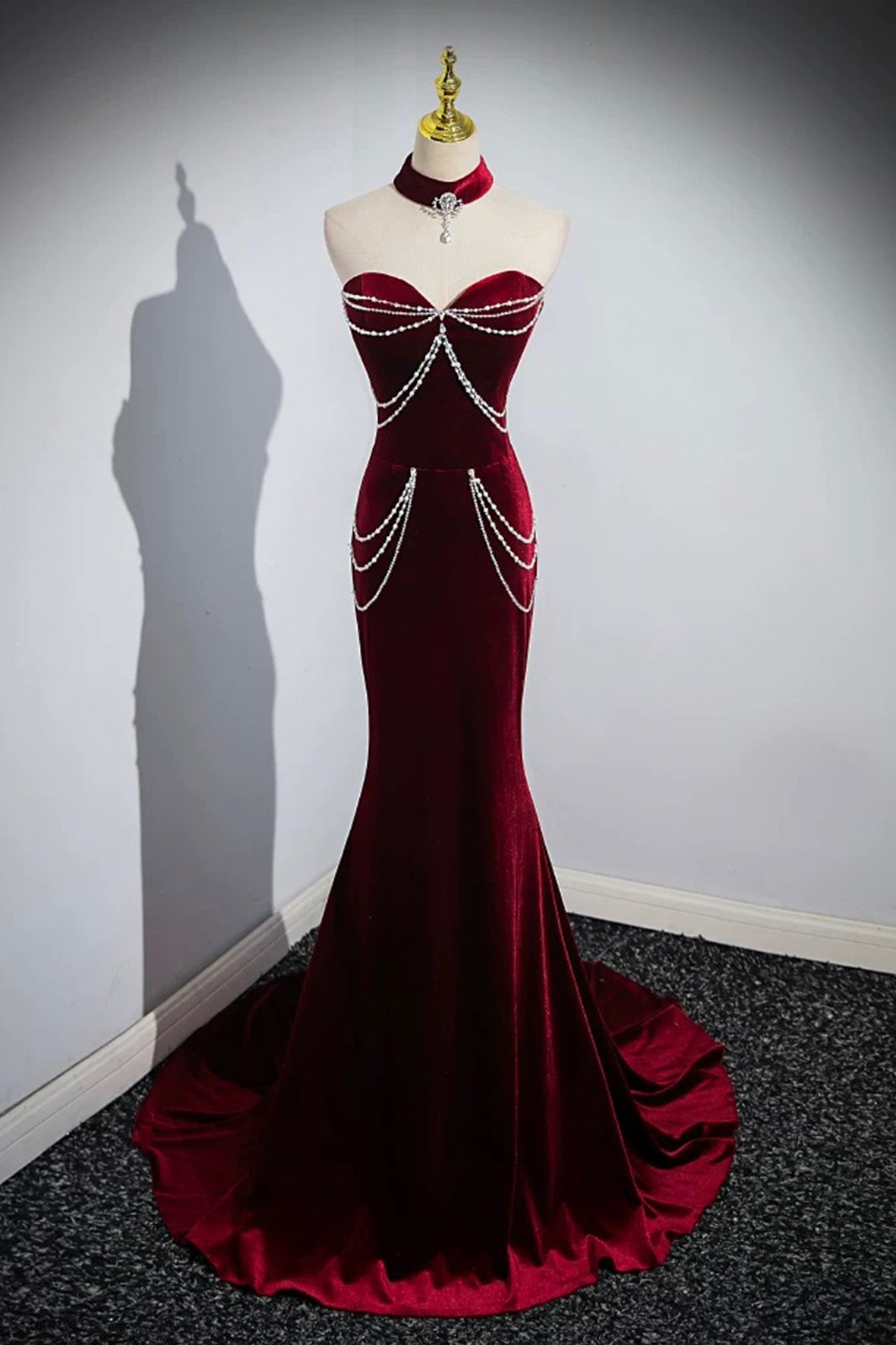 Burgundy Velvet Long Prom Dress, Mermaid Strapless Evening Party Dress