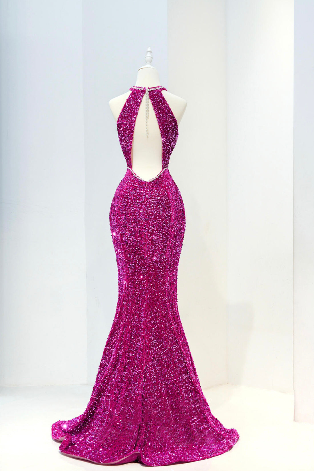 Hot Pink Sequins Long Prom Dress, Mermaid Backless Evening Dress