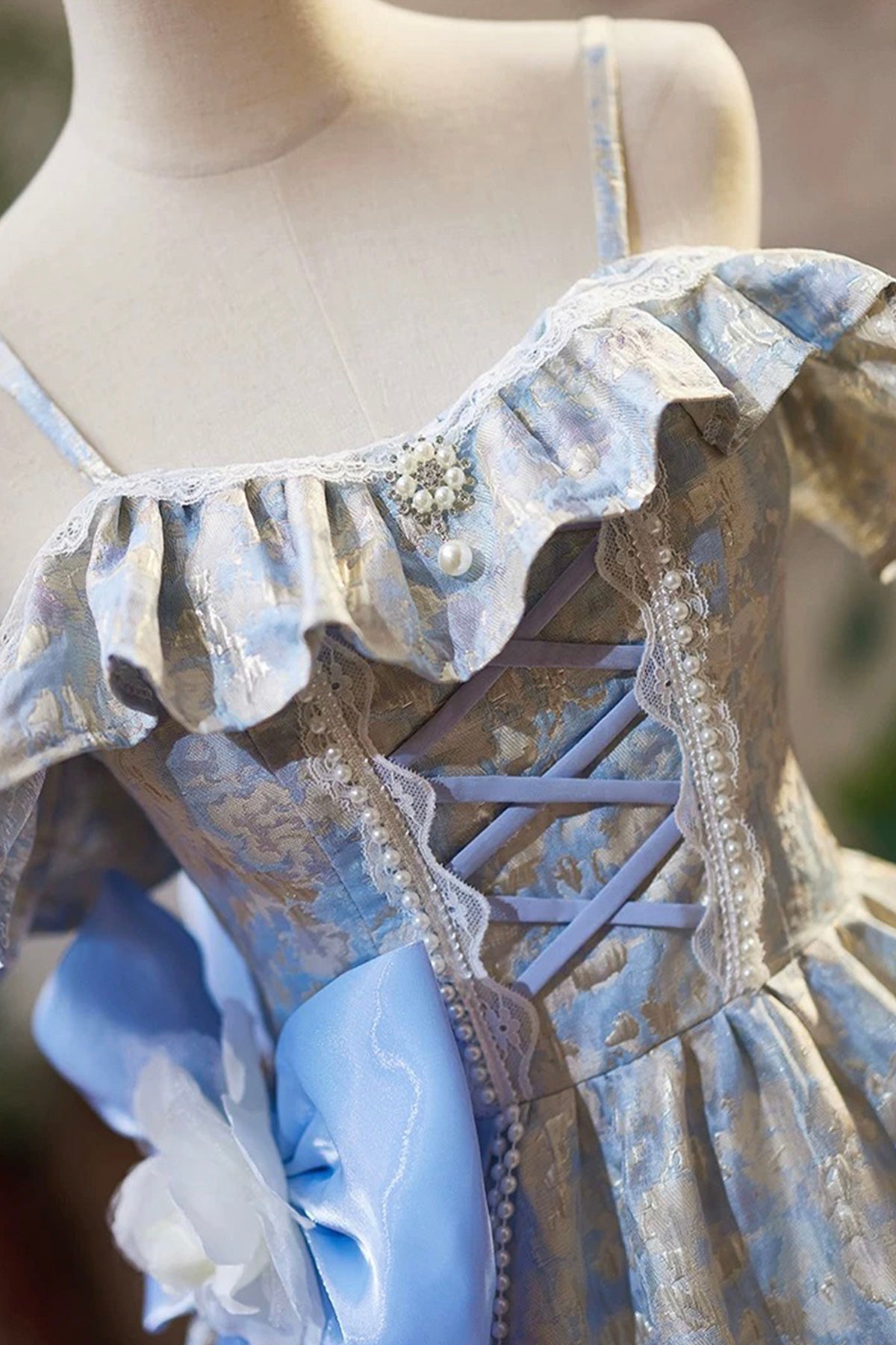 Blue Floral Pattern Short Prom Dress, A-Line Off the Shoulder Party Dress