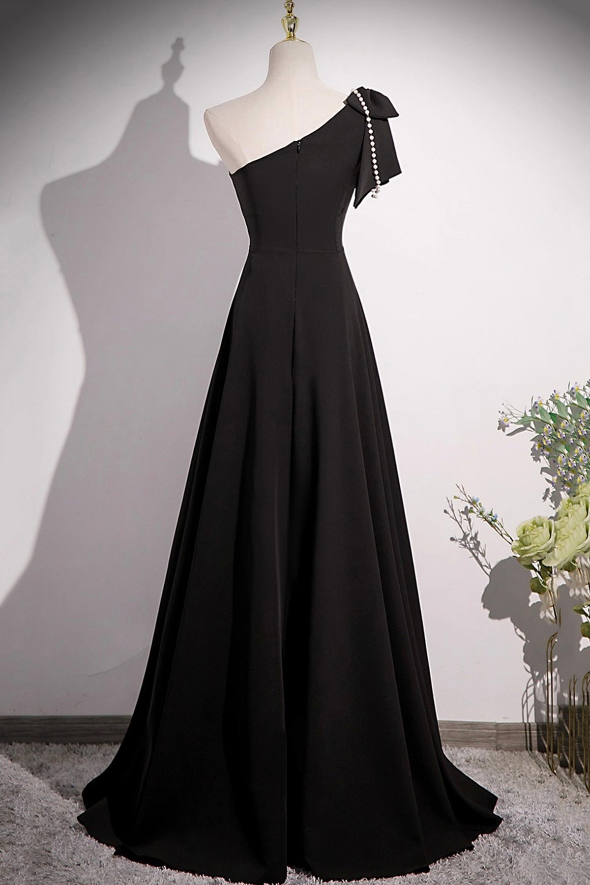 Black One Shoulder Long Prom Dress, Black A-Line Evening Party Dress