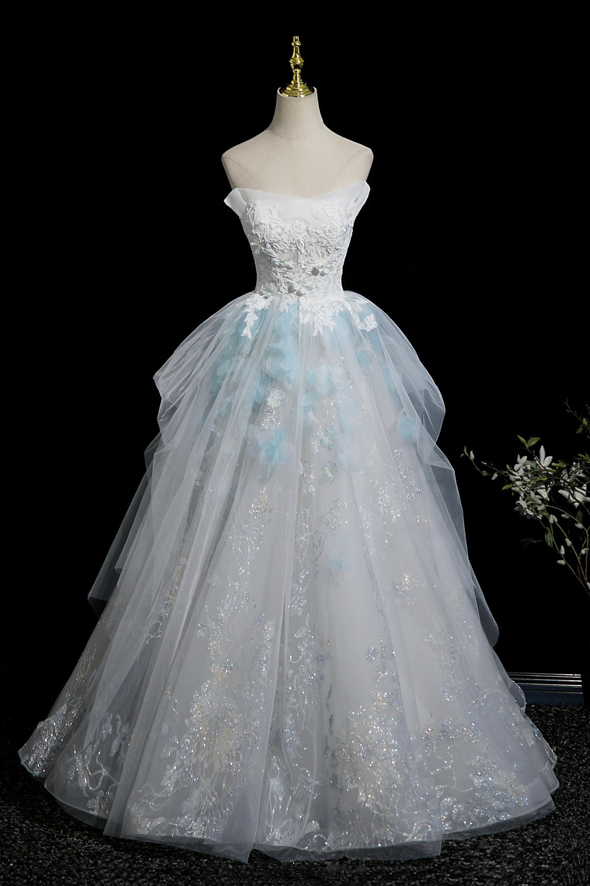 Beautiful Blue Glitter Lace Flower Prom Dress, A-Line Strapless Evening Party Dress