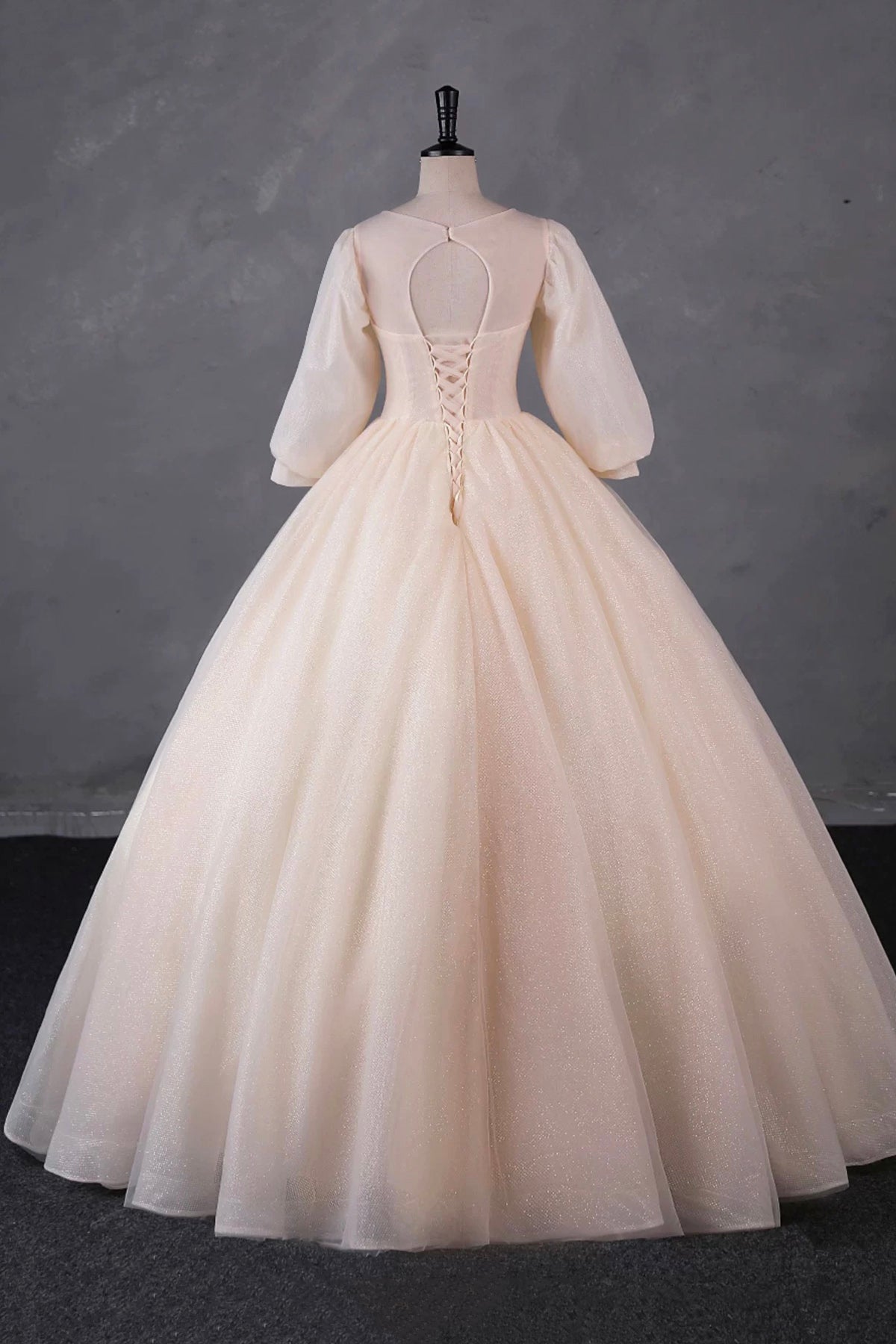 Champagne Tulle Sequins Long Prom Dress, A-Line Long Sleeve Evening Party Dress