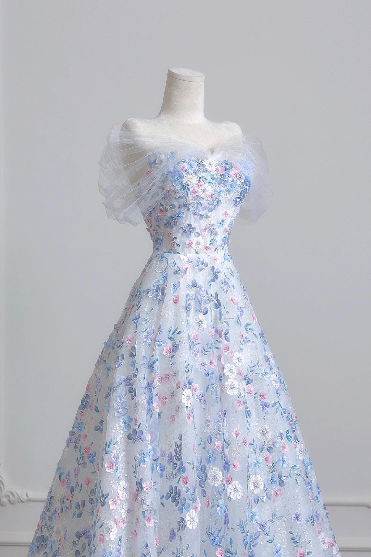 Blue Floral Tulle Long Prom Dress, Beautiful A-Line Off the Shoulder Party Dress