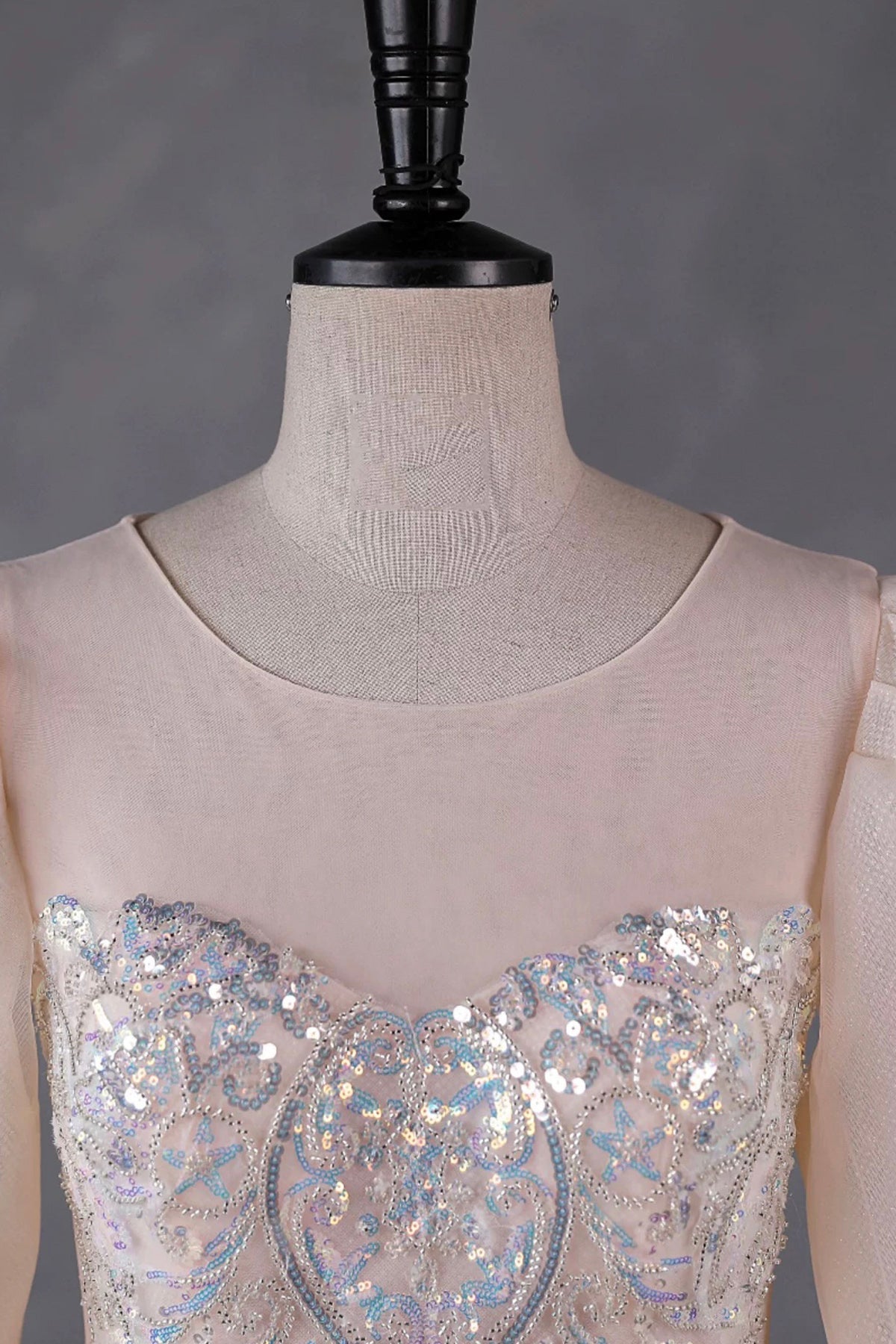 Champagne Tulle Sequins Long Prom Dress, A-Line Long Sleeve Evening Party Dress