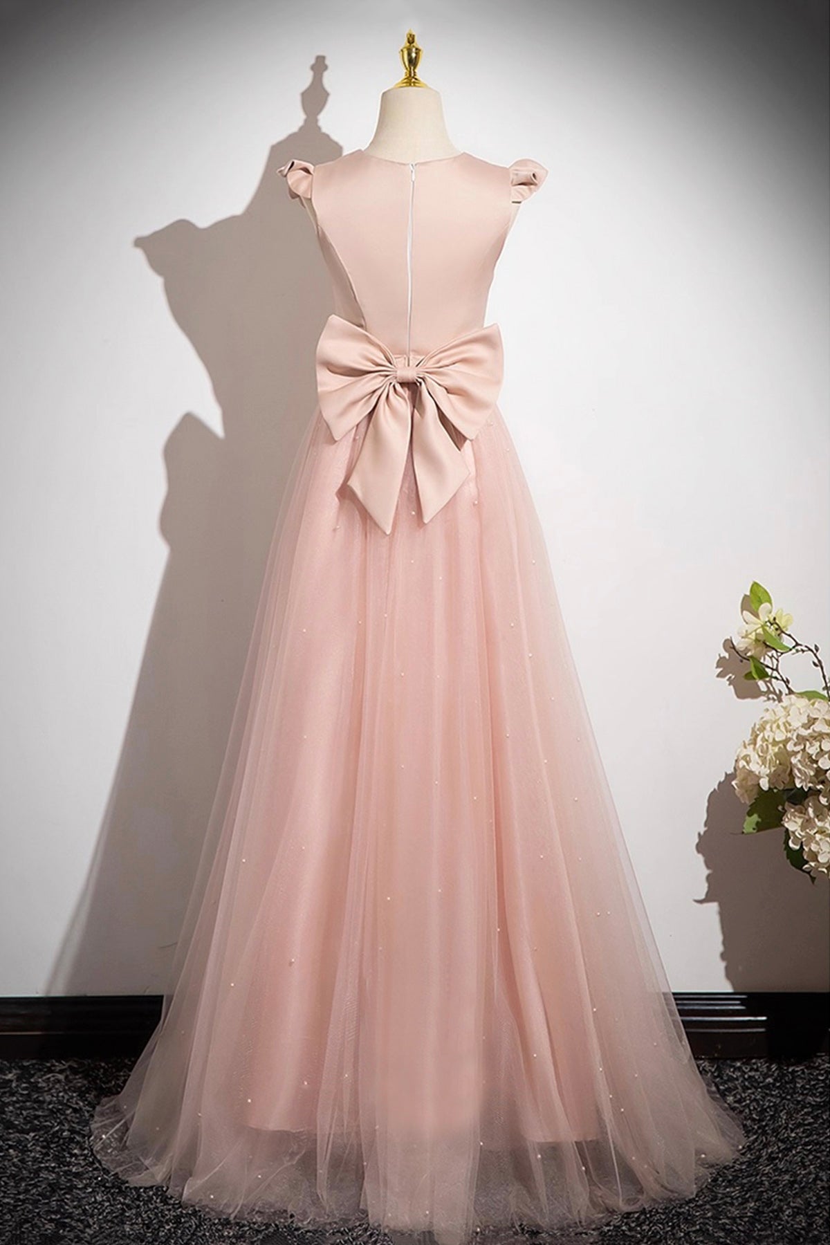 Pink Satin Tulle Long Prom Dress, Beautiful Pink Evening Party Dress