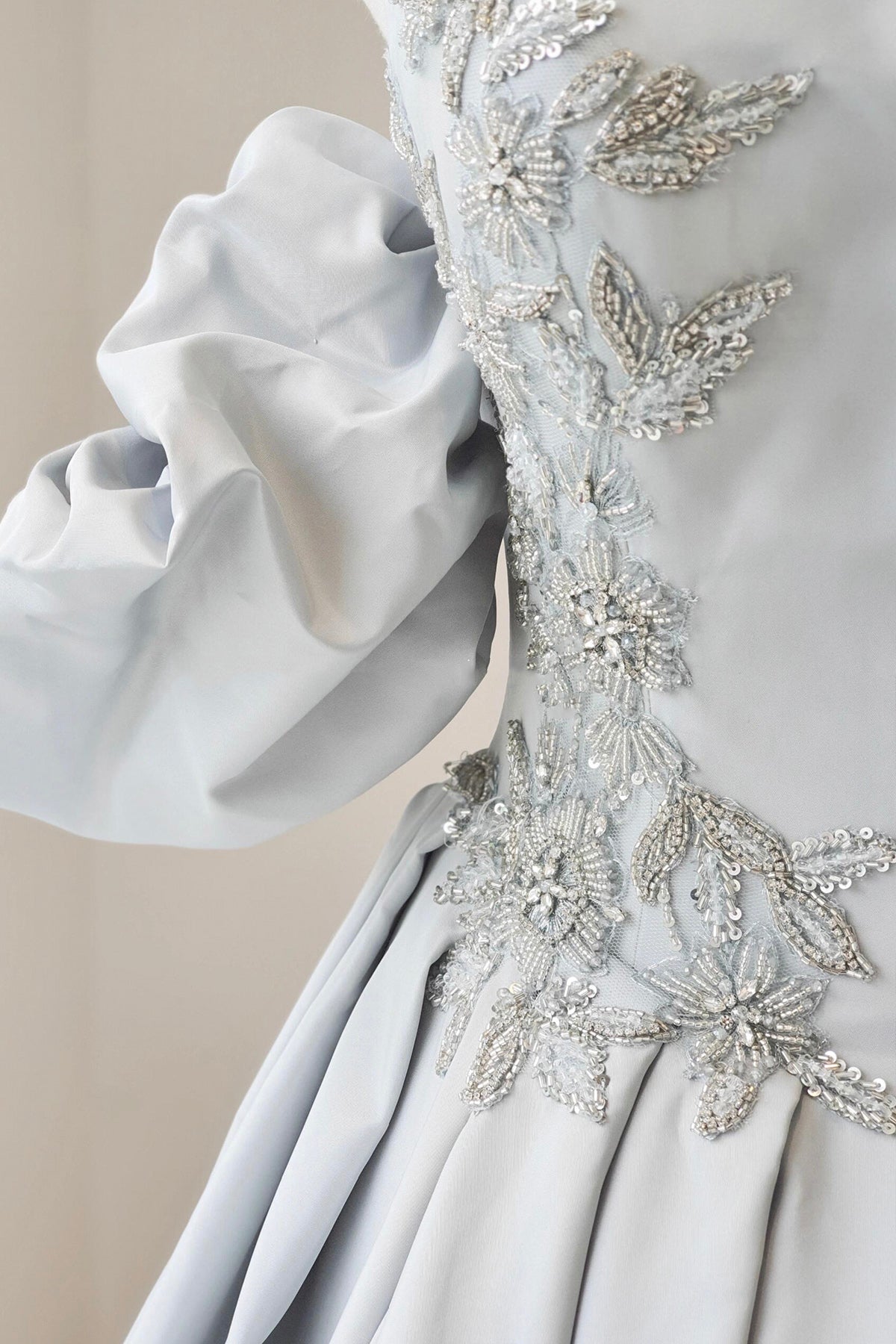 Gray Satin Beads Long Prom Dress, A-Line Short Sleeve Evening Party Dress