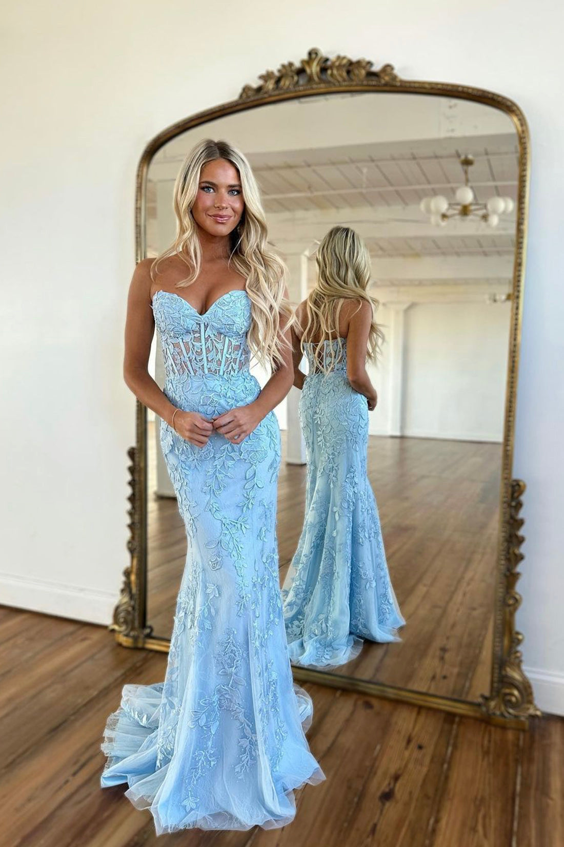 Blue Strapless Lace Long Prom Dress, Mermaid Evening Dress Party Dress