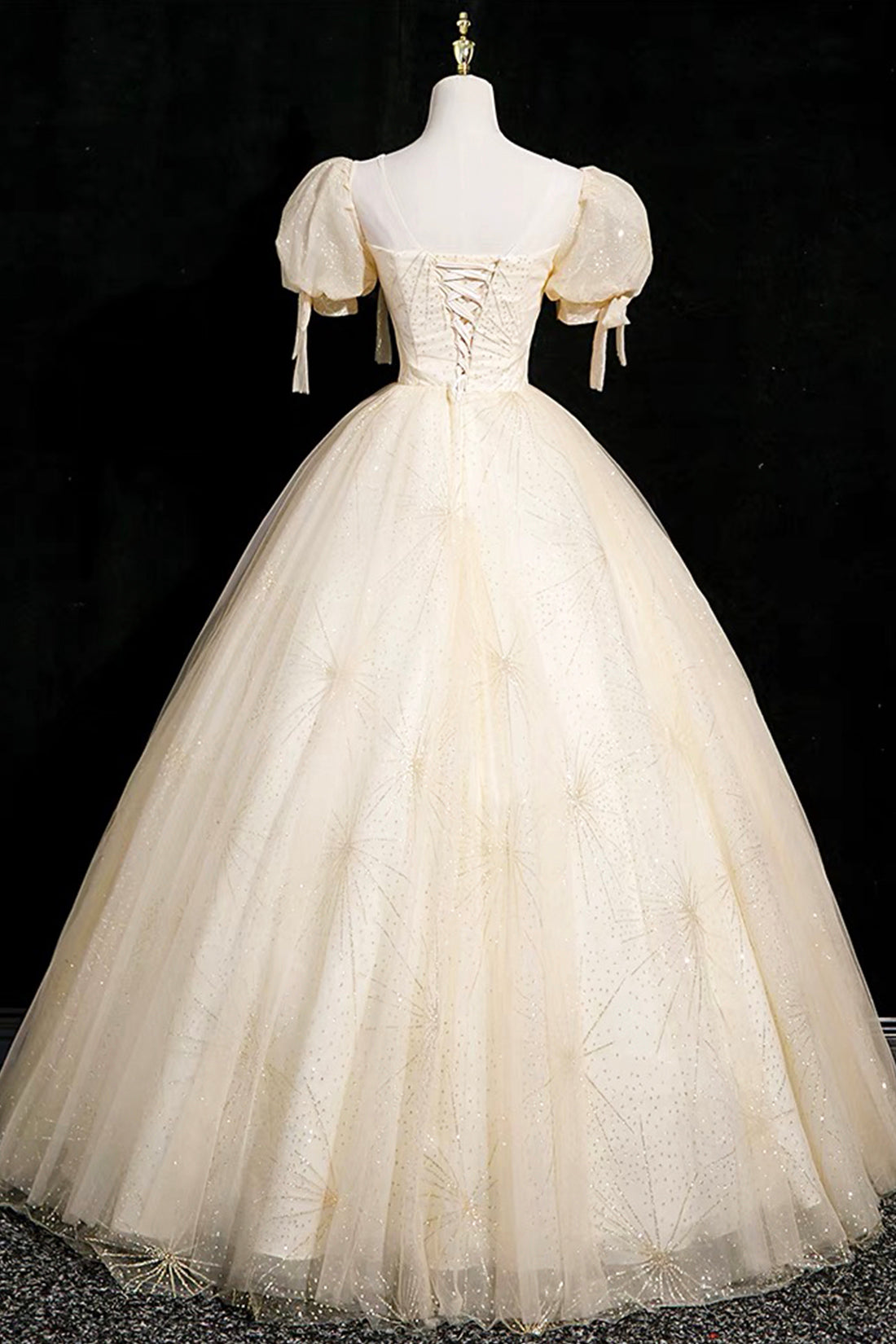 Champagne Tulle Short Sleeve Floor Length Prom Dress, Beautiful A-Line Evening Party Dress