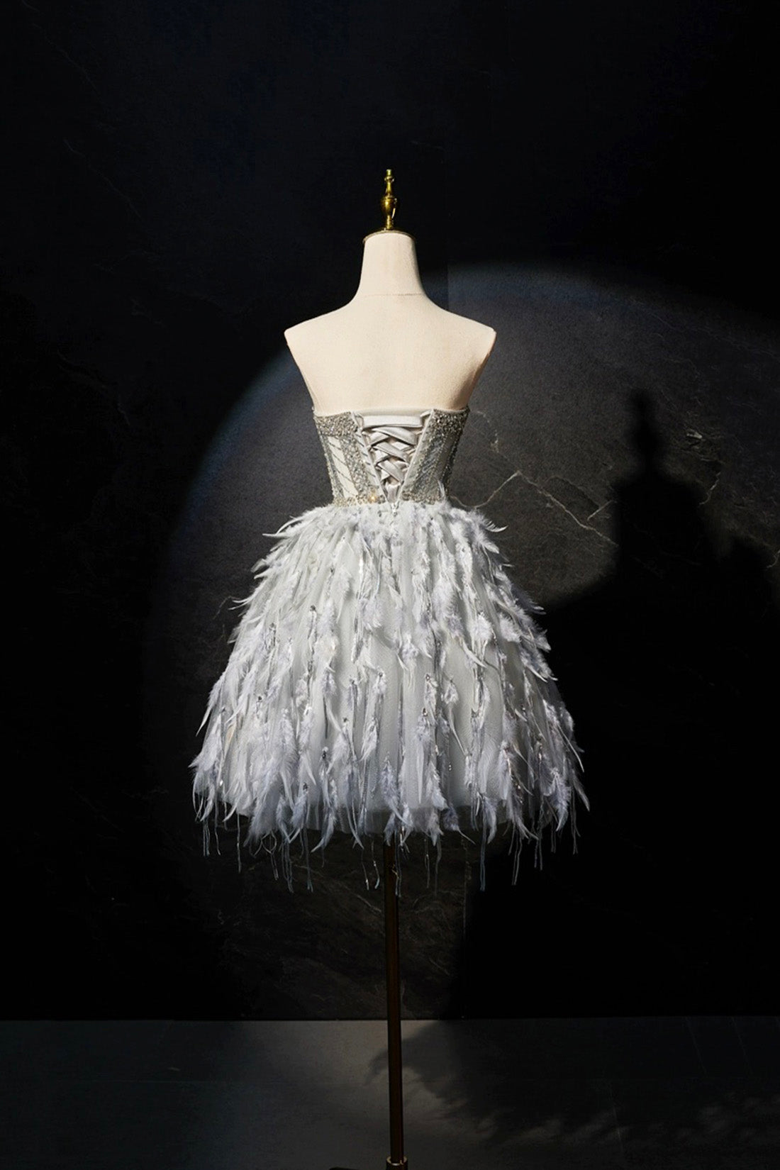 Gray Feather Short Party Dress, Lovely Handmade Beading Pearl Sequins Evening Dress