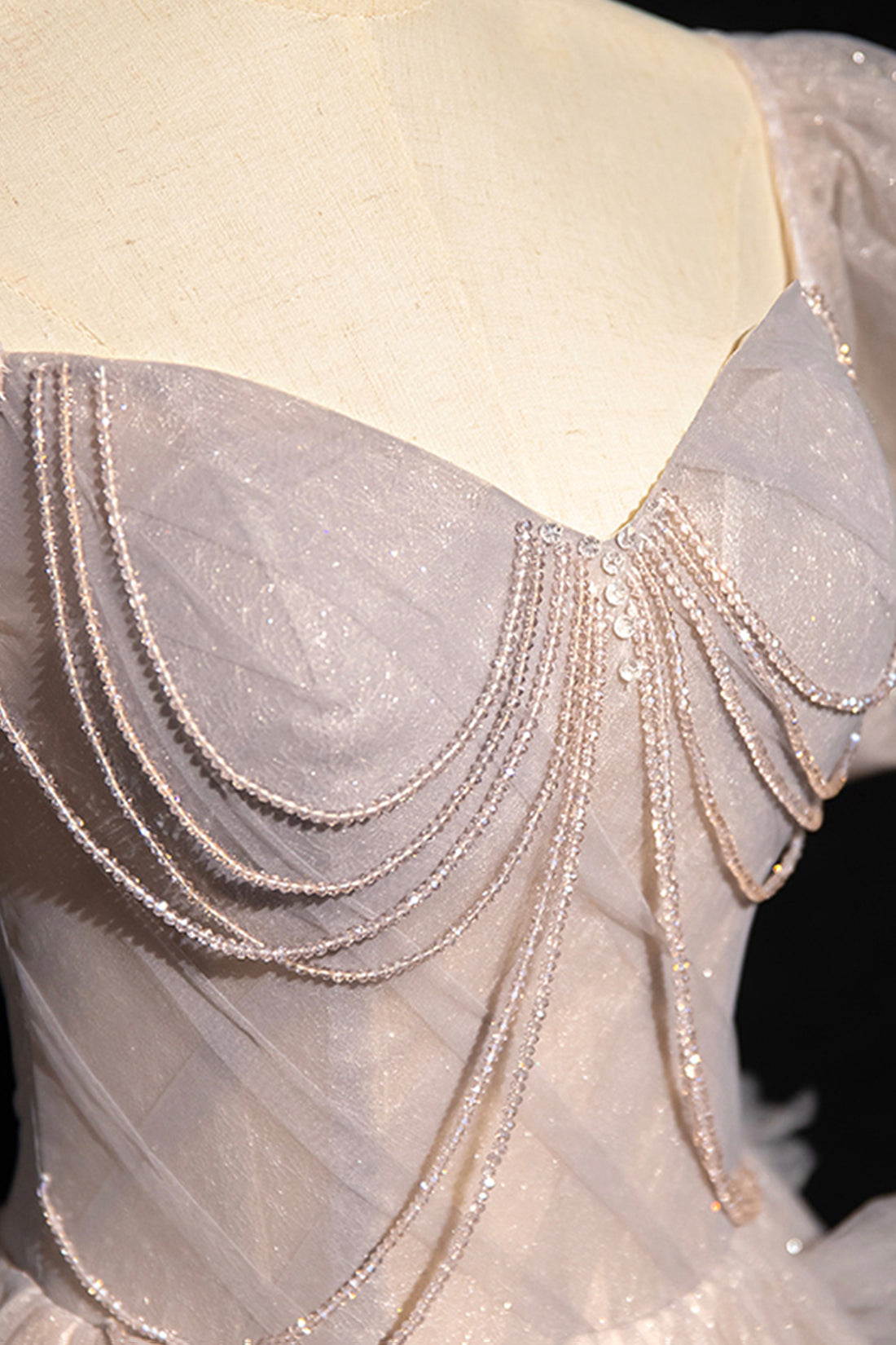 Beautiful Tulle Beaded Long Prom Dress, Khaki A-Line Short Sleeve Evening Party Dress