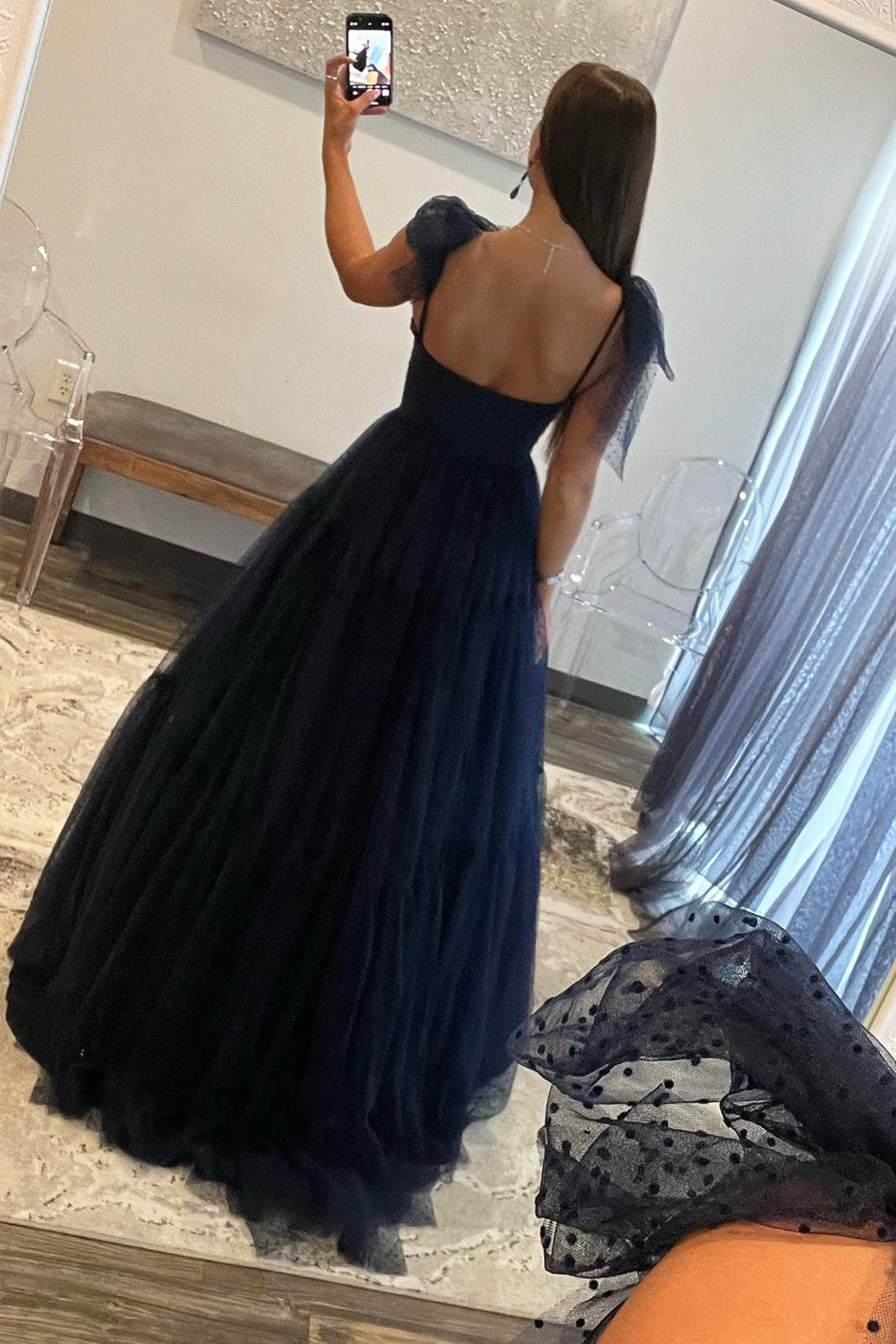 Navy Blue Tulle Long Prom Dress, A-Line Sweetheart Neck Evening Party Dress