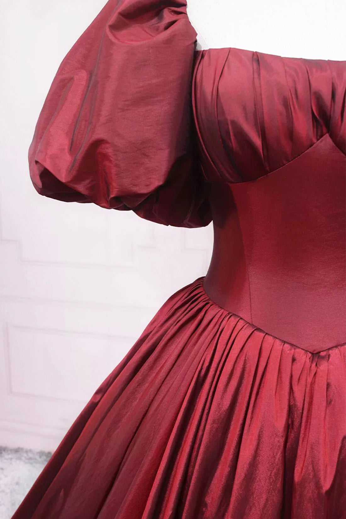 Burgundy Satin Floor Length Prom Dress, Elegant Puffy Short Sleeve Formal Dress