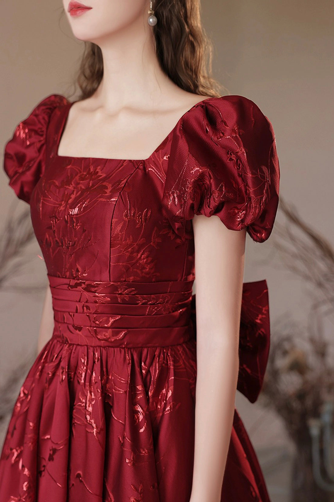 Burgundy Tea Length A-Line Prom Dress, Lovely Short Sleeve Party Dress
