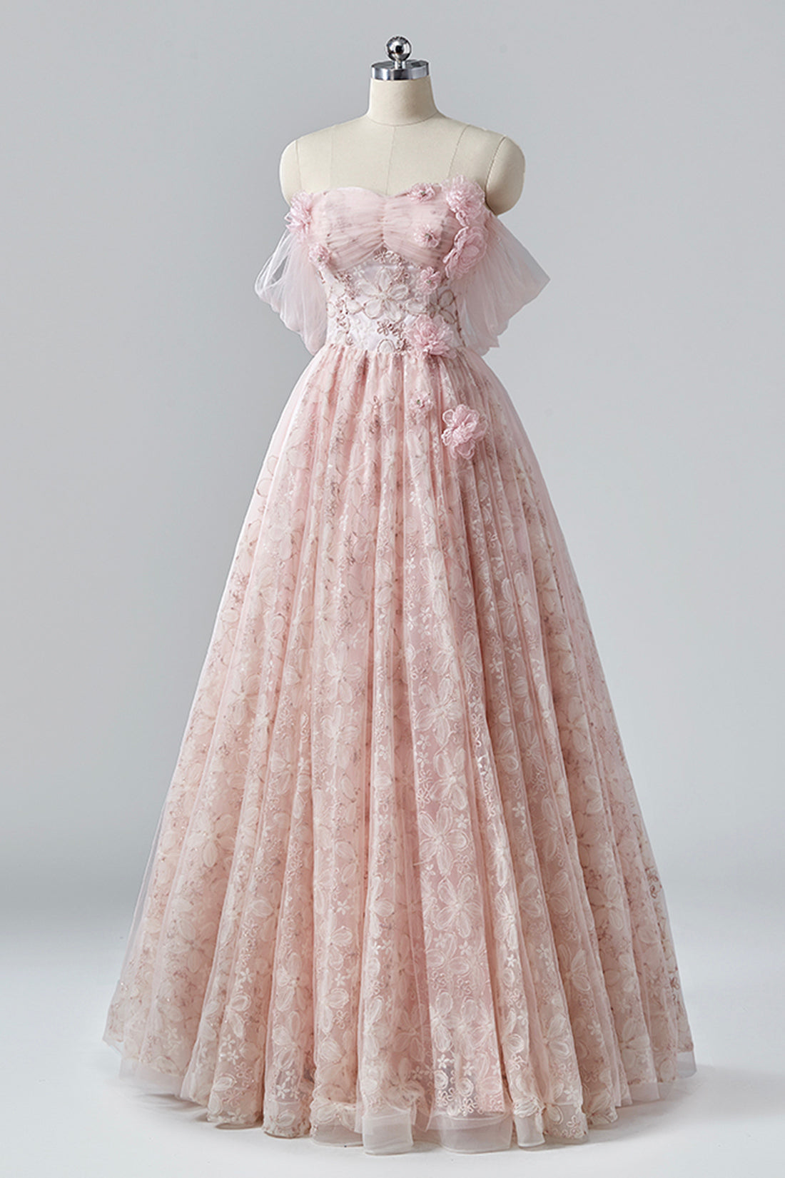 Pink Flower Long Princess Dress, Off the Shoulder Tulle Evening Party Dress