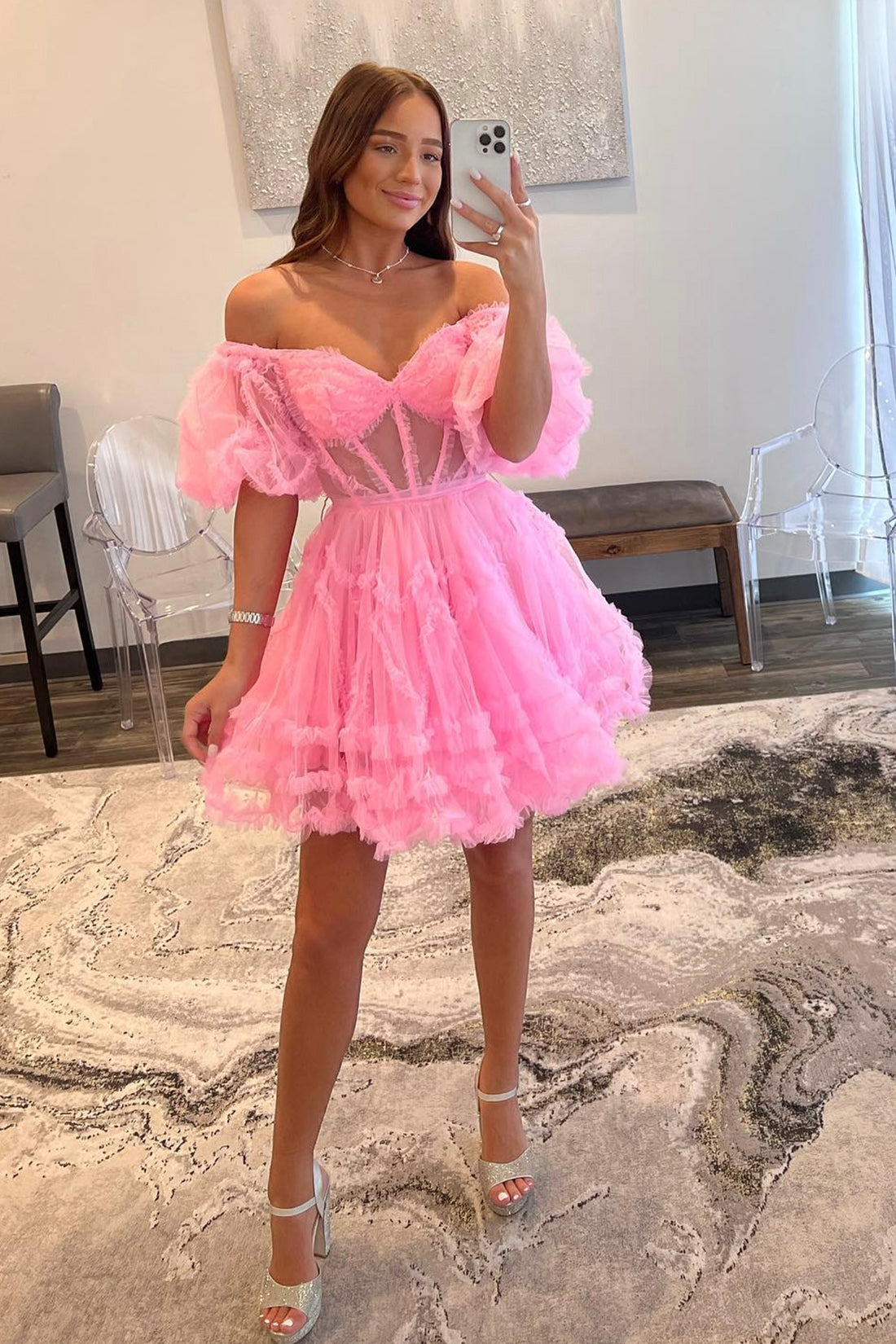 Pink Tulle Short A-Line Prom Dress, Cute Puff Sleeves Homecoming Dress