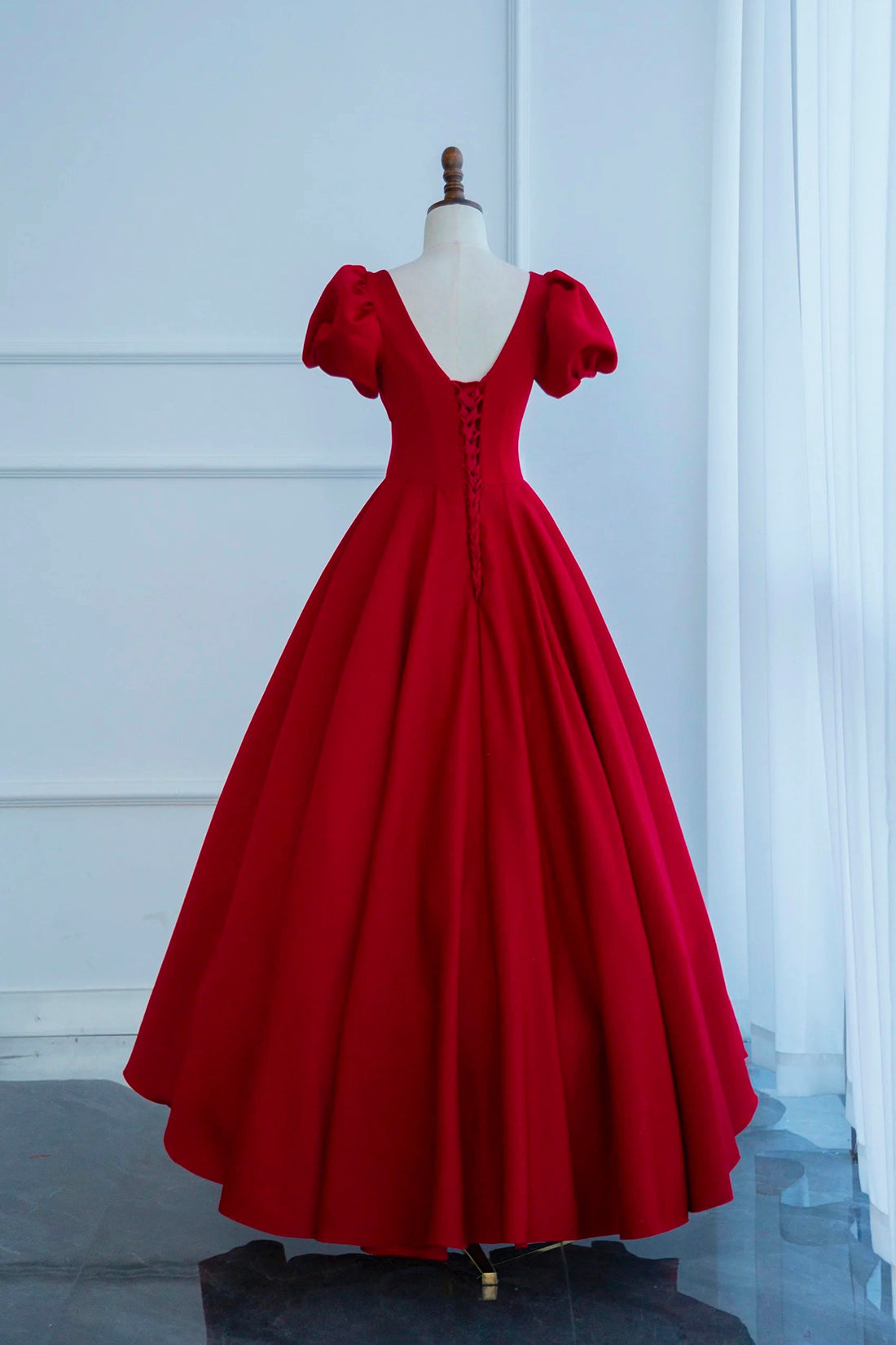 Dark Red Short Sleeve Long Prom Dress, Beautiful A-Line Evening Party Dress