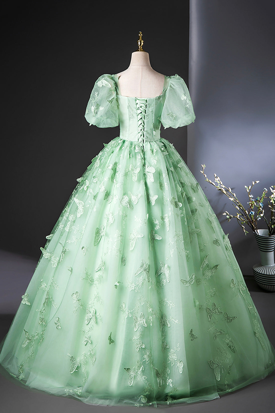 Green Tulle Long A-Line Prom Dress with Butterfly Lace, Beautiful Short Sleeve Evening Dress