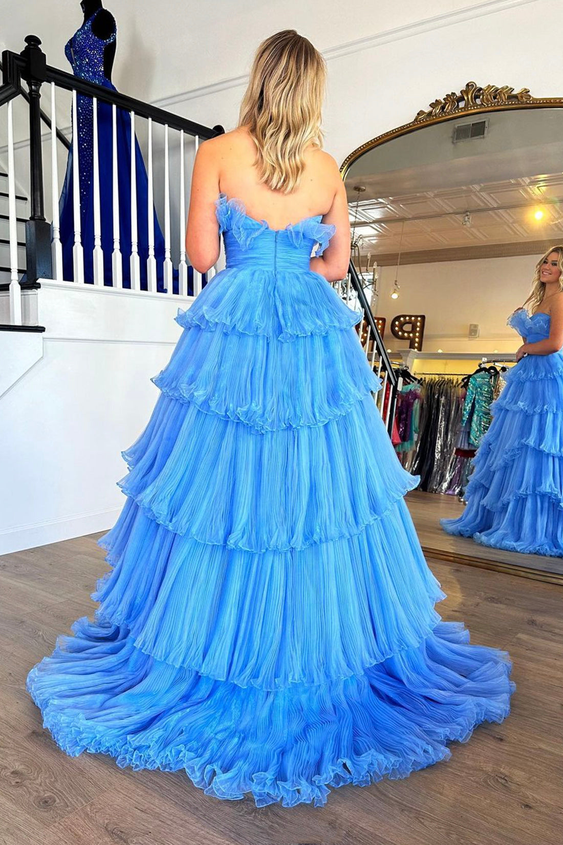 Blue Strapless Princess Tulle Layers Ruffles Long Prom Dress