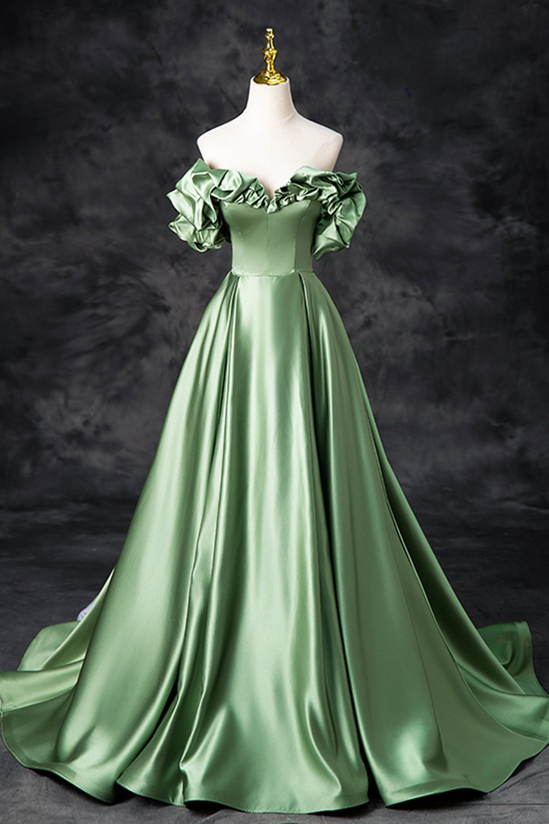 Green Satin Long A-Line Party Dress, Off the Shoulder Formal Evening Dress
