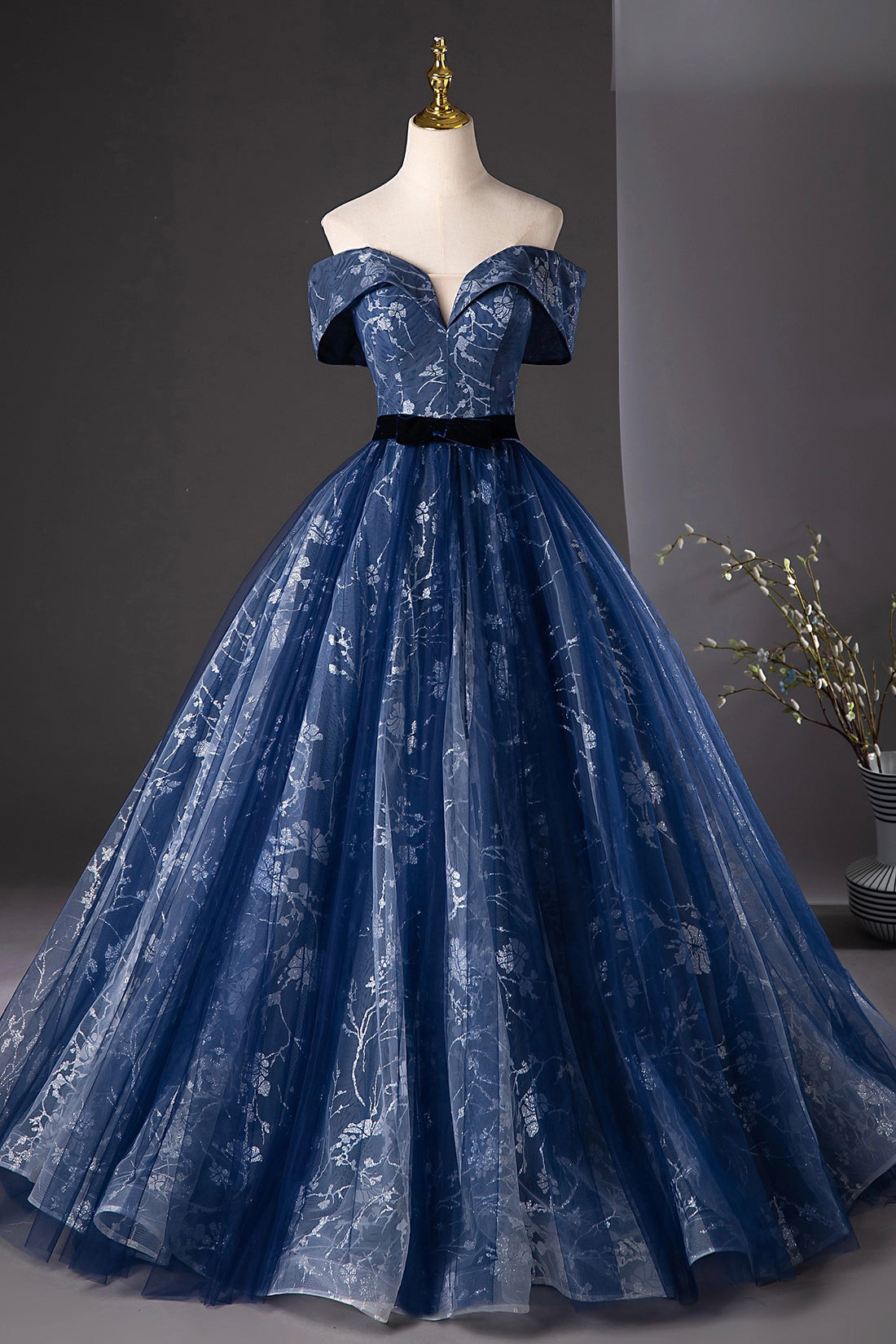 Navy Blue Glitter Printing Tulle Long Prom Dress, Elegant A-Line Party Dress