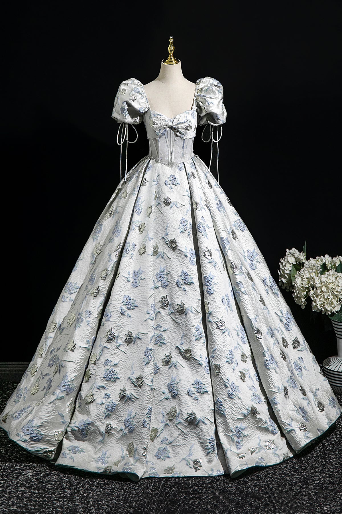 Elegant Floral Pattern Floor Length Prom Dress, A-Line Short Sleeve Party Dress