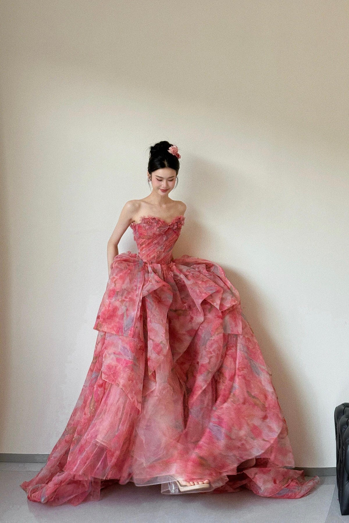 Red Floral Print Long Prom Dress, A-Line Strapless Evening Dress