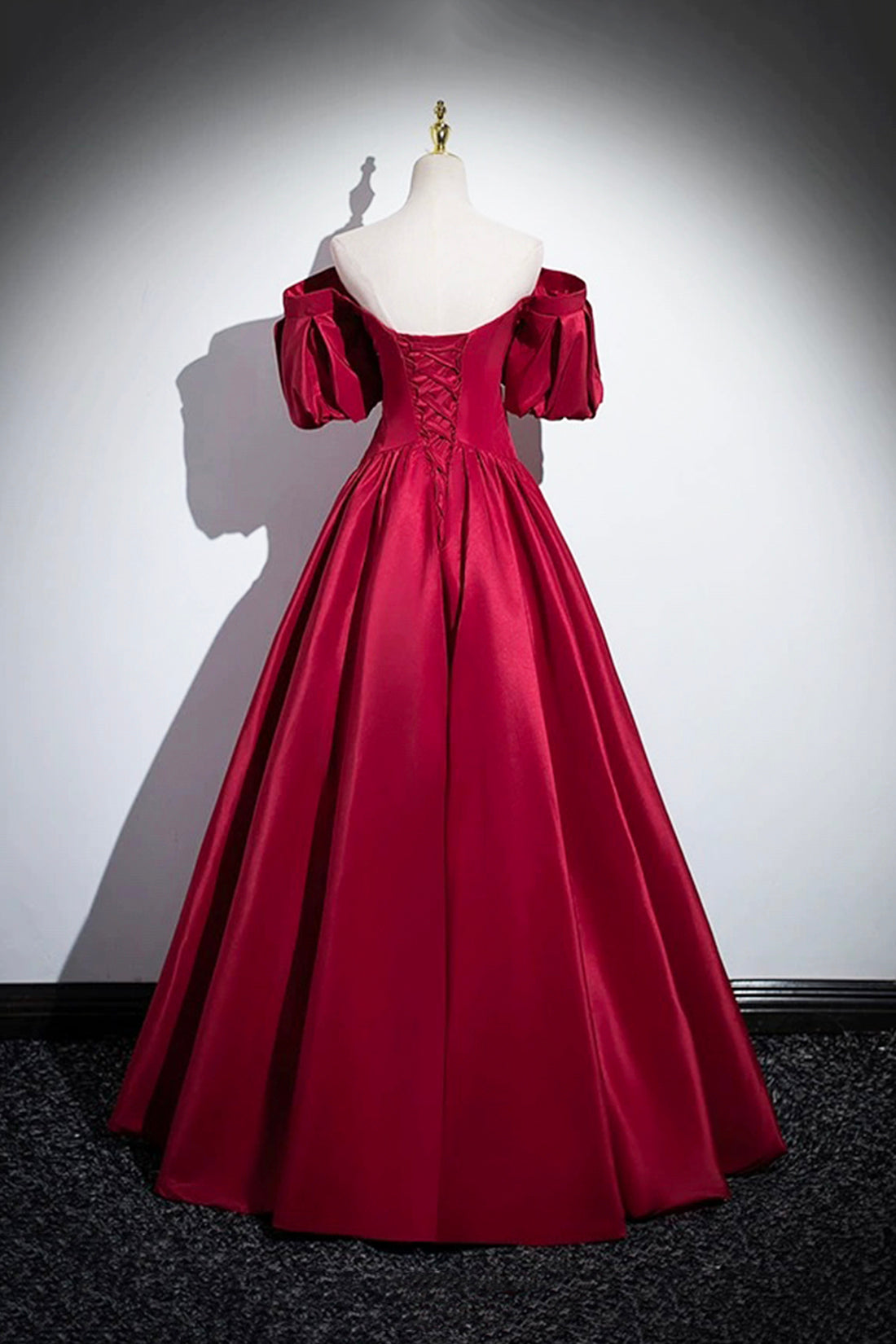 Burgundy Satin Floor Length A-Line Prom Dress, Off the Shoulder Evening Party Dress