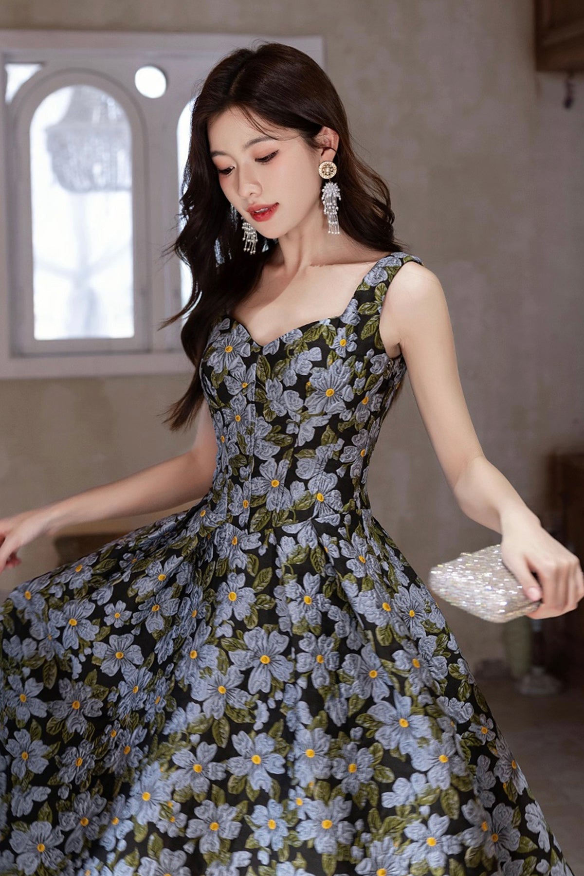 Blue Floral Satin Short Prom Dress, A-Line Backless Evening Party Dress