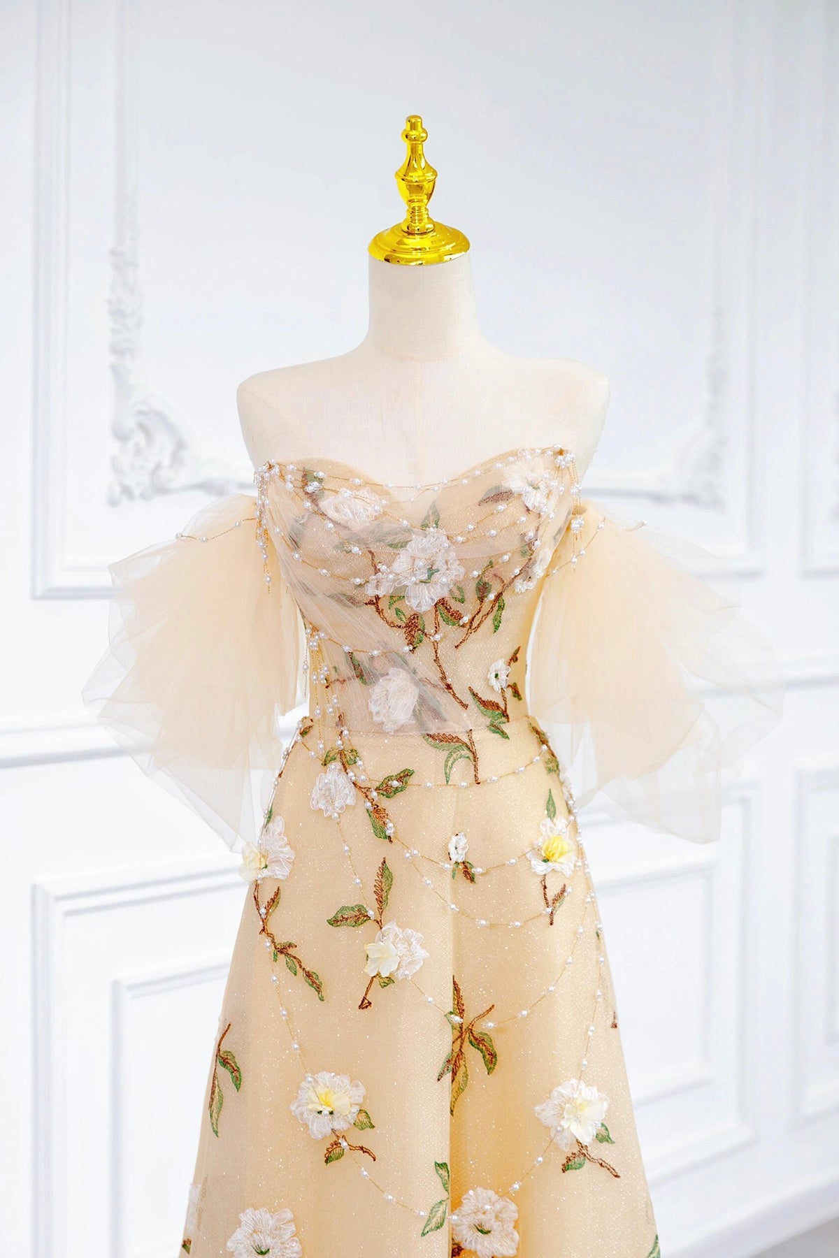 Champagne Tulle Floral Long Prom Dress, Lovely A-Line Party Dress