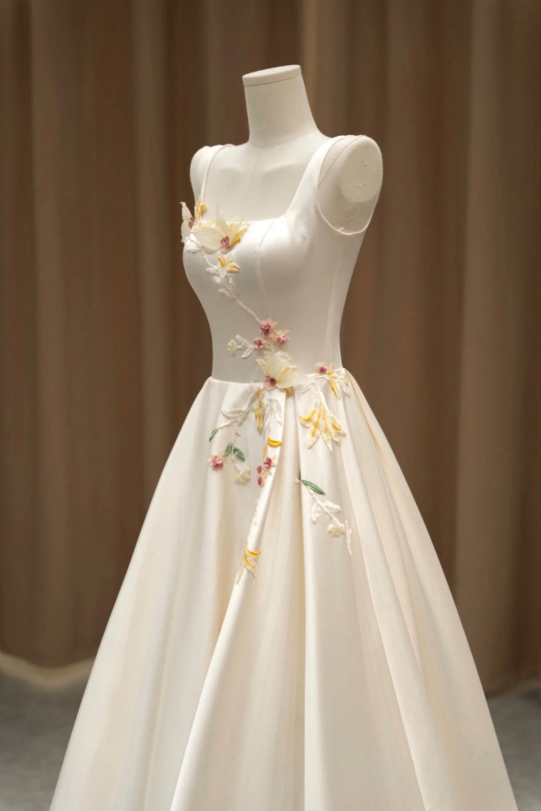 Light Champagne Satin Long Formal Dress with 3D Flowers, Elegant A-Line Evening Party Dress