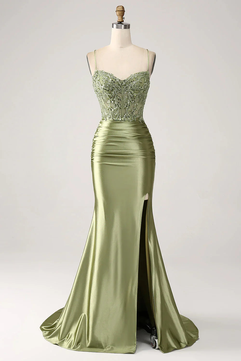 Mermaid Spaghetti Straps Lace-up Back Sequin Satin Prom Dress With Slit SH1567