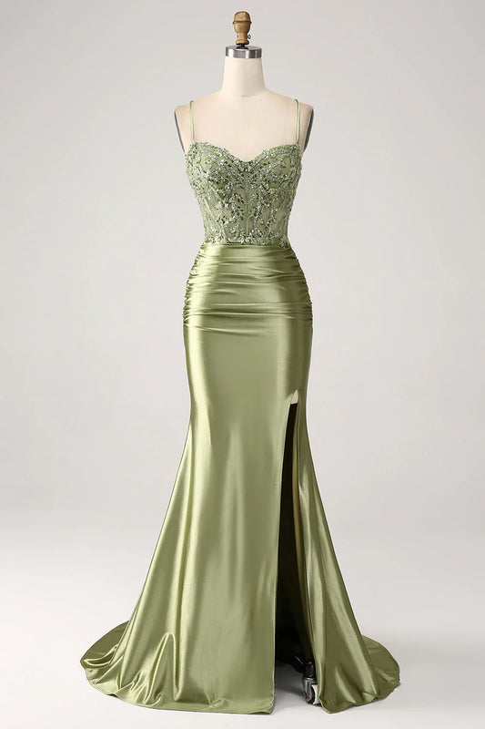 Mermaid Spaghetti Straps Lace-up Back Sequin Satin Prom Dress With Slit SH1567