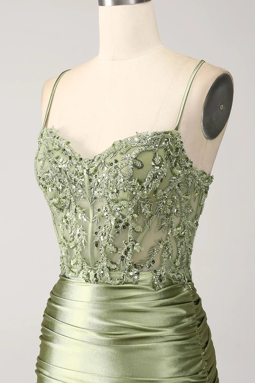 Mermaid Spaghetti Straps Lace-up Back Sequin Satin Prom Dress With Slit SH1567