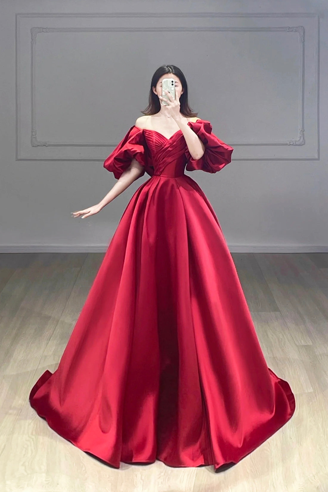 Burgundy Puffy Short Sleeve Satin Prom Dress, Burgundy V-Neck A-Line Evening Dress