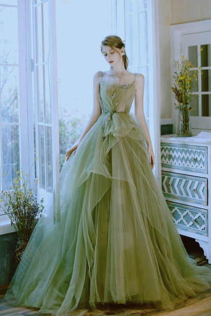 Green Tulle Long A-Line Prom Dress, Green Spaghetti Strap Evening Dress