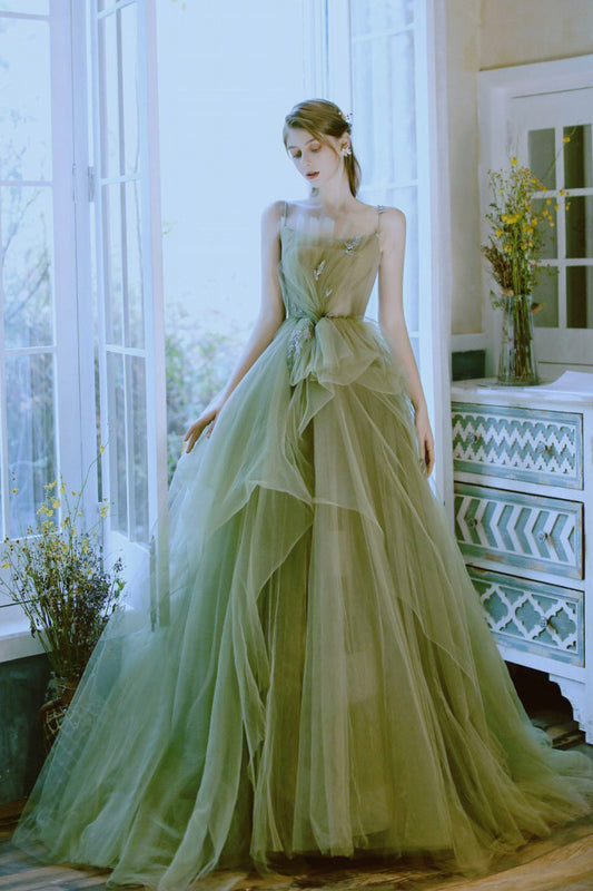 Green Tulle Long A-Line Prom Dress, Green Spaghetti Strap Evening Dress