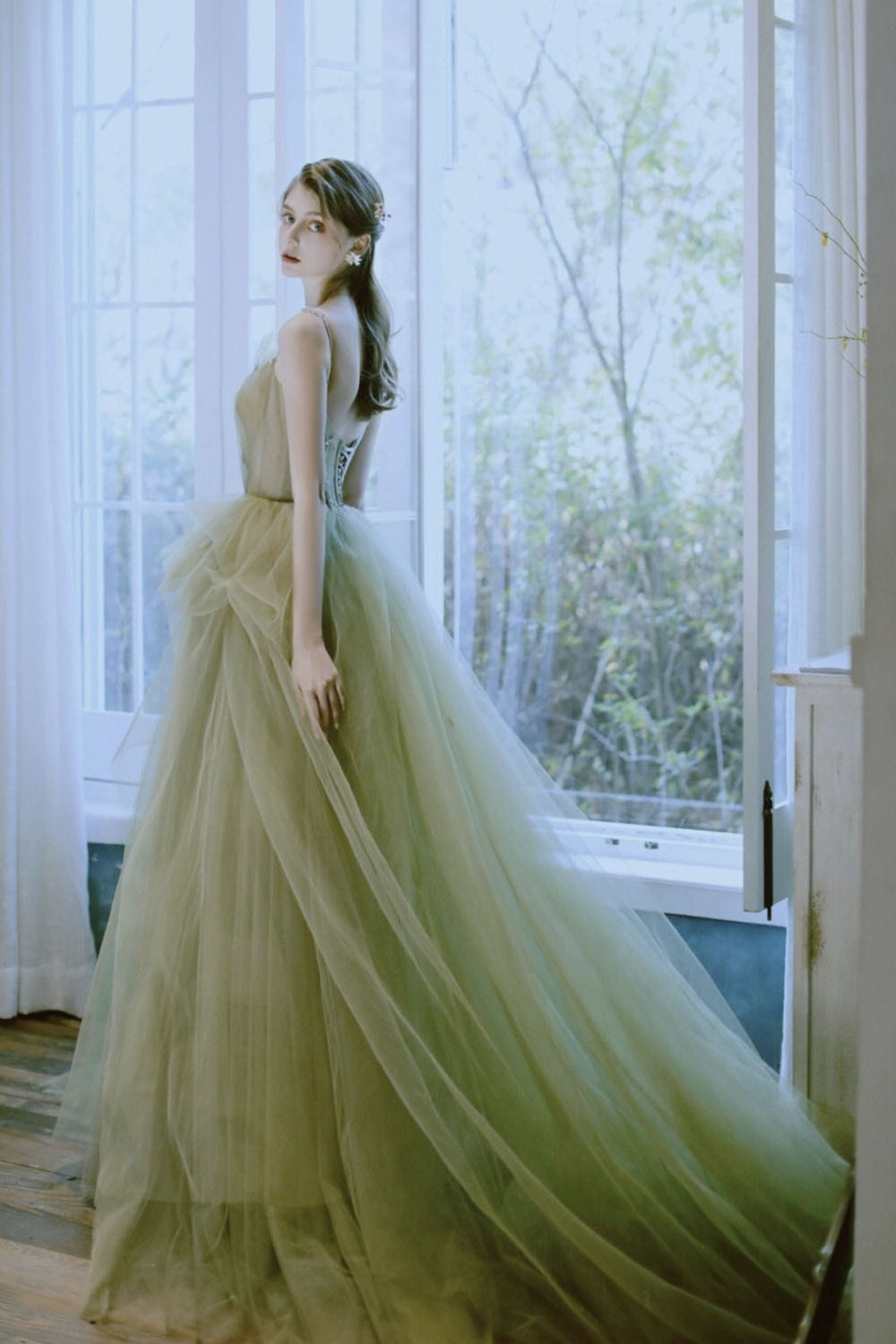 Green Tulle Long A-Line Prom Dress, Green Spaghetti Strap Evening Dress