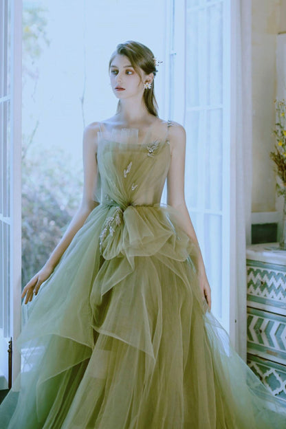 Green Tulle Long A-Line Prom Dress, Green Spaghetti Strap Evening Dress