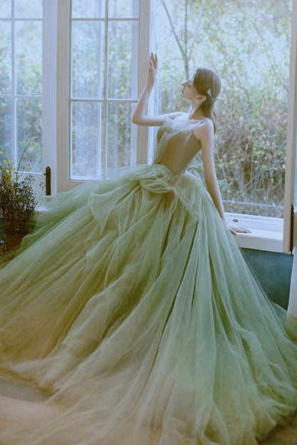 Green Tulle Long A-Line Prom Dress, Green Spaghetti Strap Evening Dress