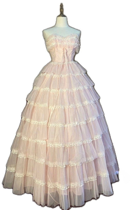 Pink Strapless Layers Tulle Long Party Dress, Glam Prom Dress Formal Gown      cg25275