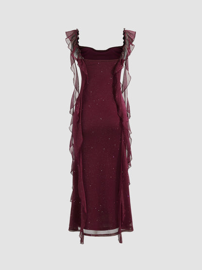 Elegant Sheath Square Neckline Burgundy Chiffon Ruffles Prom Dresses Formal Dress    cg25308