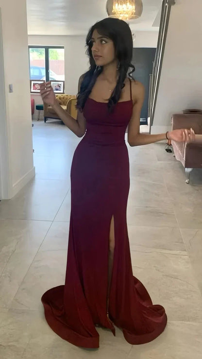 Stunning Burgundy Mermaid Spaghetti Straps Sequin Long Prom Dress Evening Dress with Slit SH3649