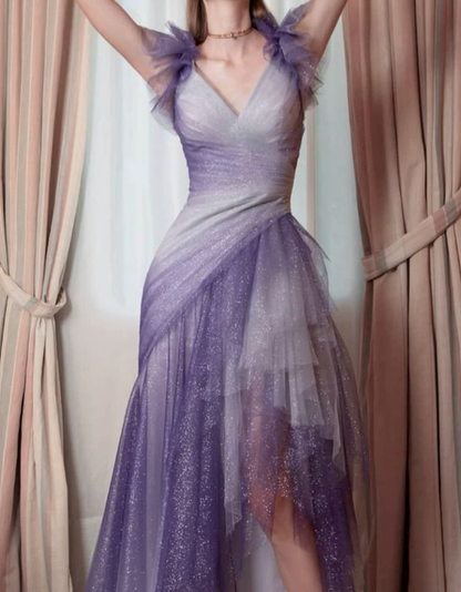 V Neck Glitter Tulle Prom Gown Unique Evening Dresses    cg25329