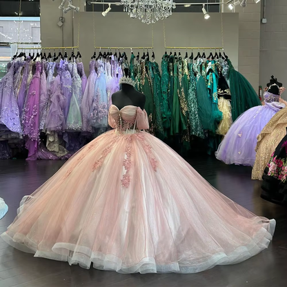 Glitter Pink Off the Shoulder Quinceanera Dresses Ball Gown Prom Dress Crystal Appliques Lace Tull Sweet 16 Vestidos 15 De XV Anos      cg25059