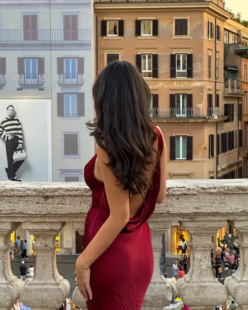 Simple Mermaid V Neck Burgundy Satin Open Back Prom Dress Evening Dress SH2189