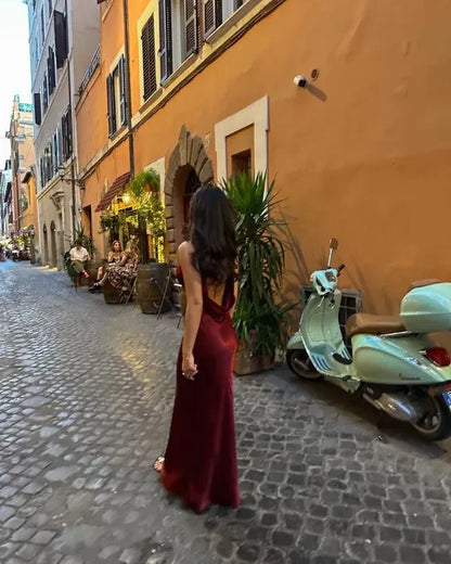 Simple Mermaid V Neck Burgundy Satin Open Back Prom Dress Evening Dress SH2189